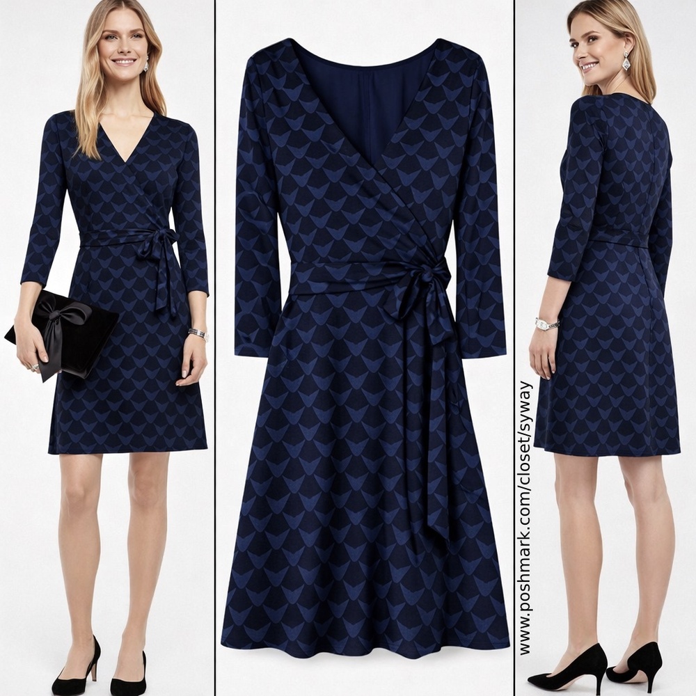 Ann Taylor Navy Geometric Wrap-Style Long Sleeve Dress